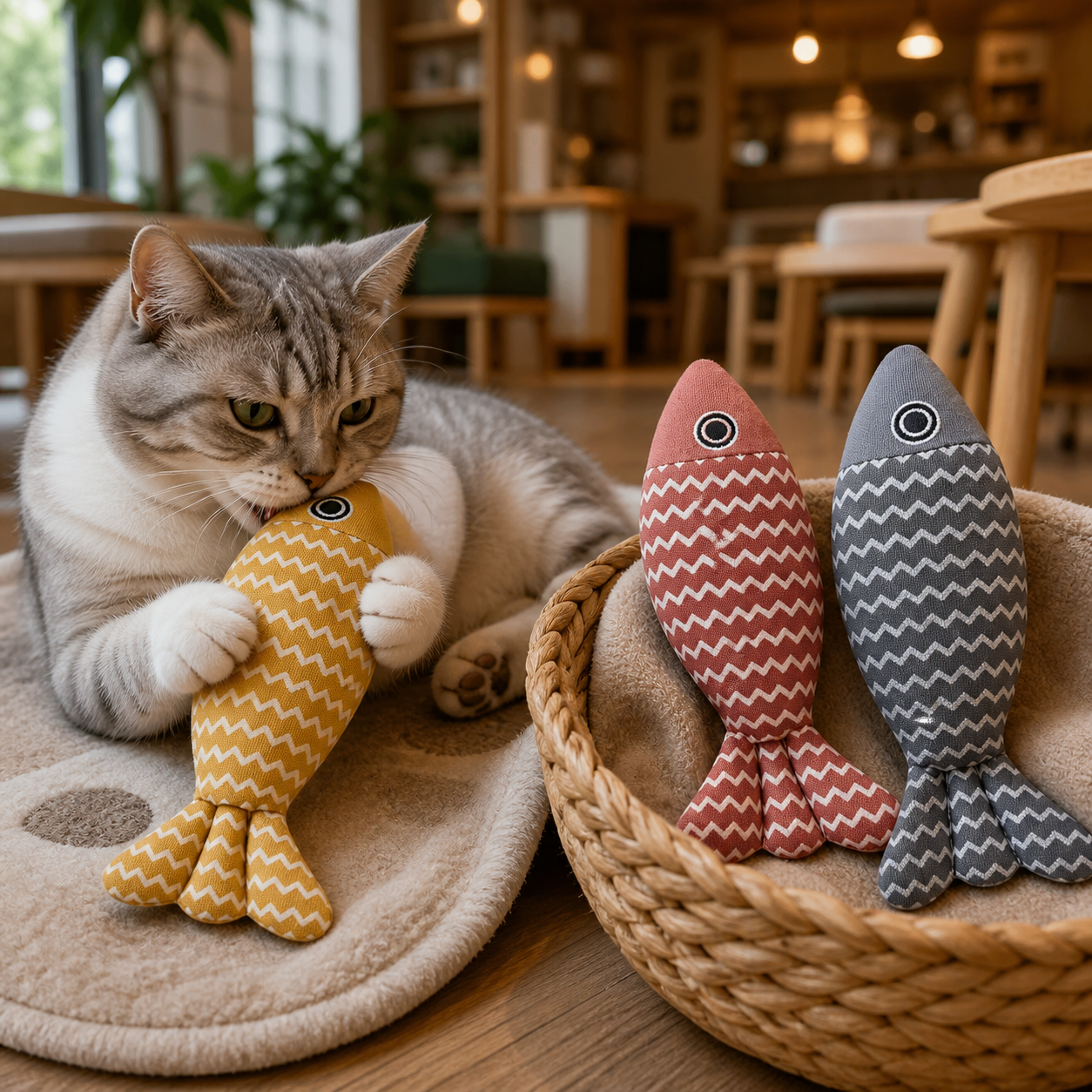 Three-Piece Catnip Fish Kicker Toy Set — cat-friendly home interior
