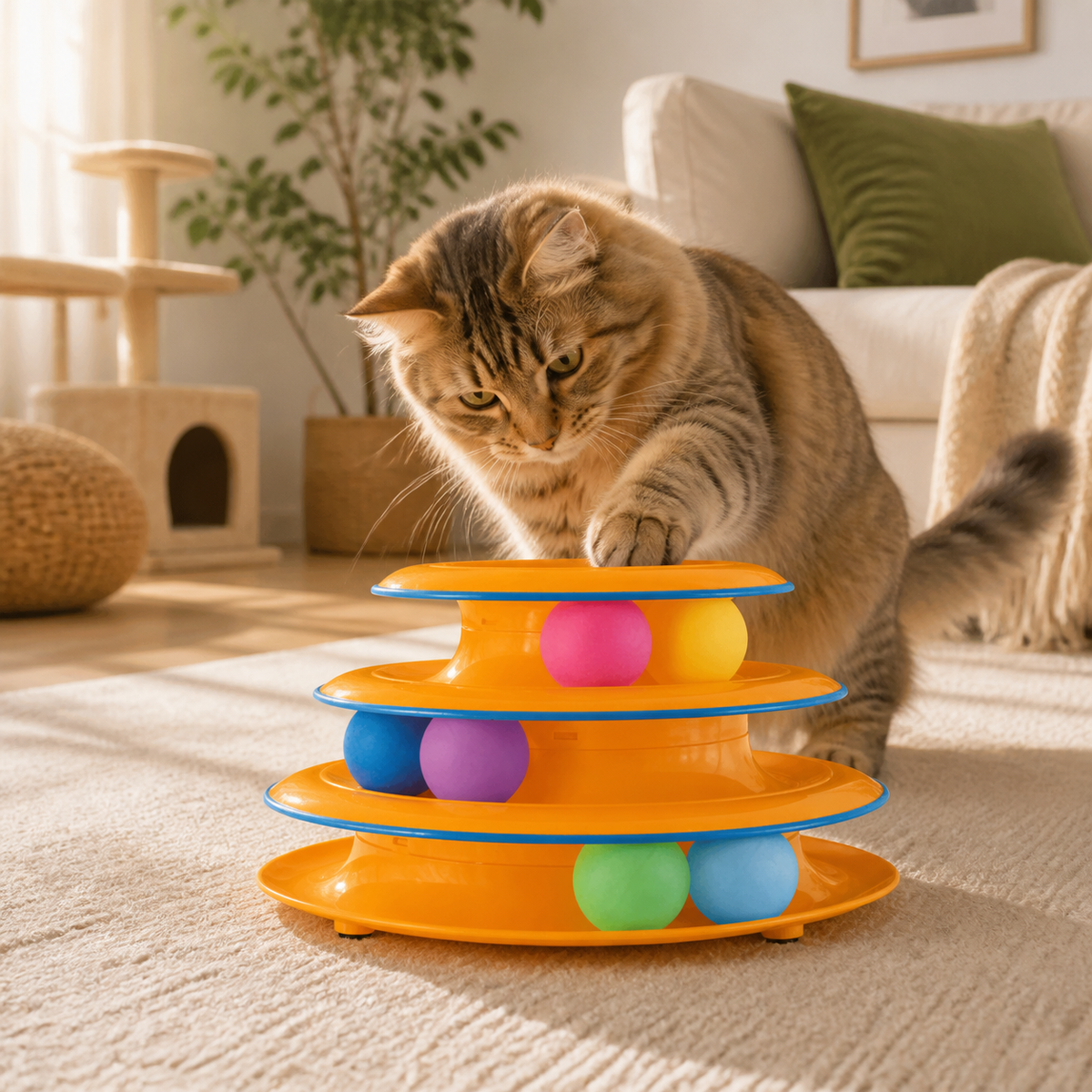 Three-Tier Cat Ball-Track Tower Toy in a cat-friendly home interior
