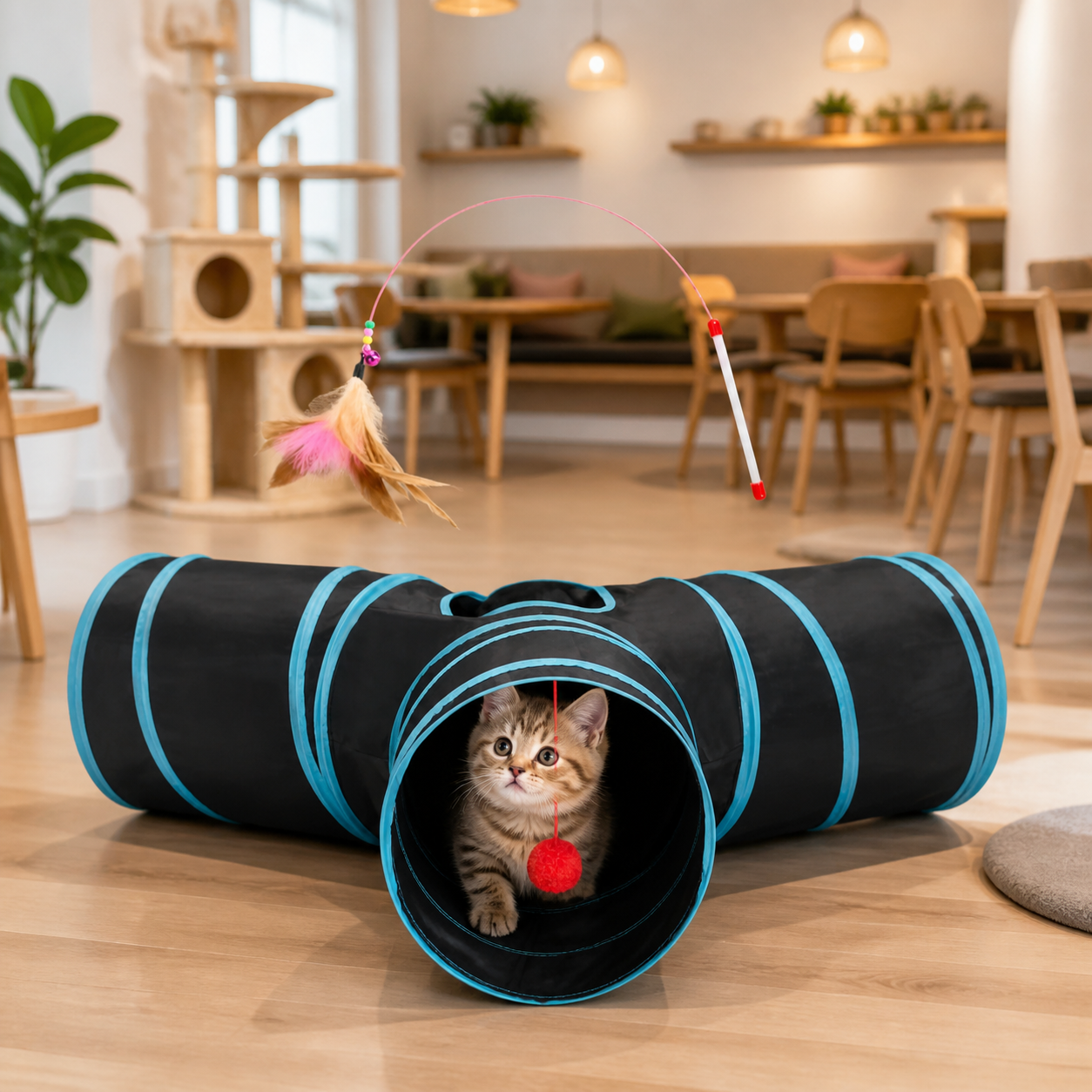 Three-Way Collapsible Cat Tunnel with Peek Windows — cat-friendly home interior