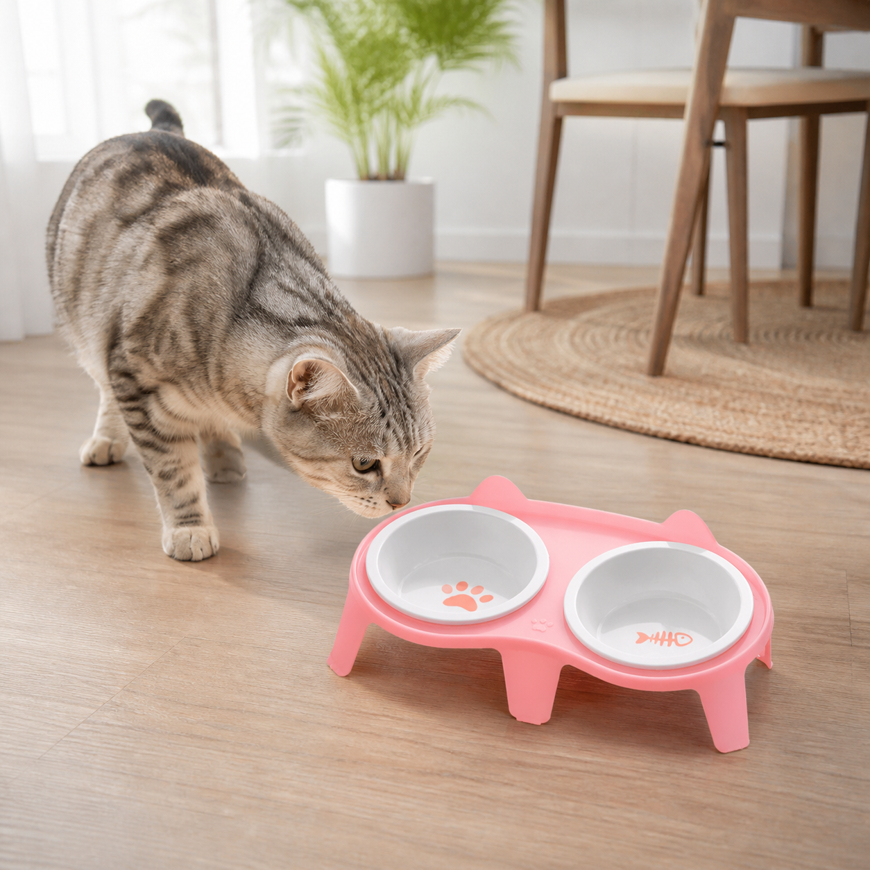 Two-Bowl Elevated Ceramic Cat Feeding Station — cat-friendly home interior
