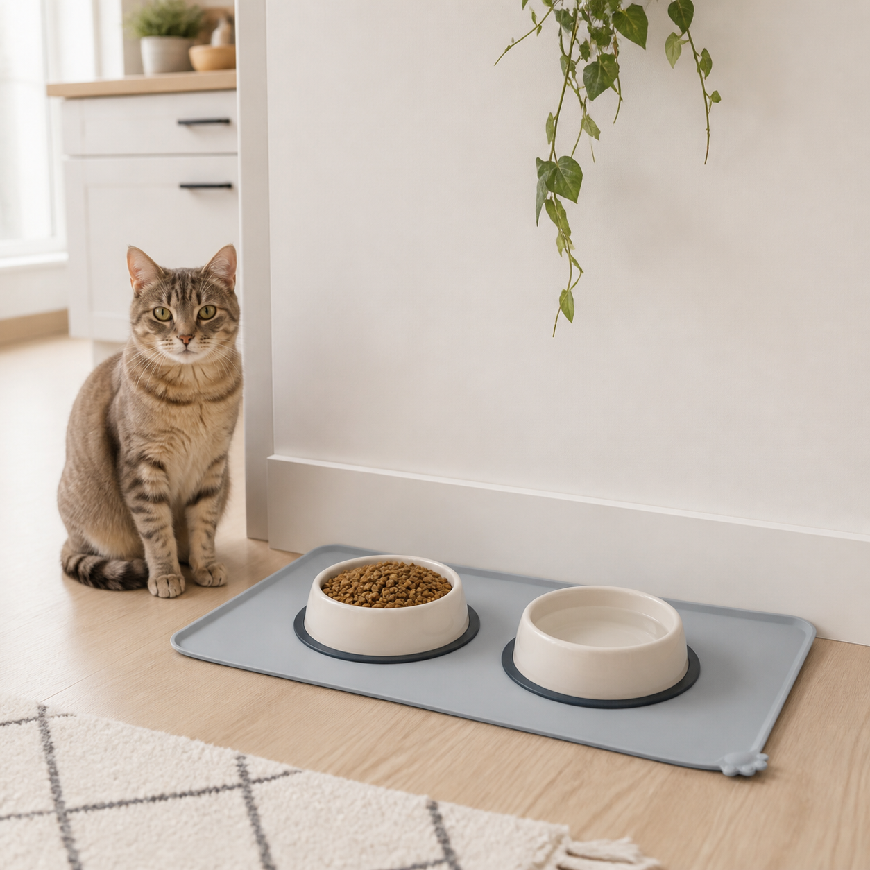 Waterproof Silicone Cat Food Mat with Raised Edge in a cat-friendly home interior