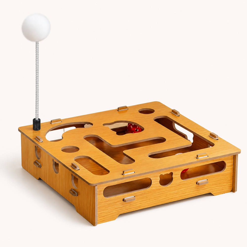 Wooden Cat Maze Puzzle Box with Bell & Wand — clean background product view