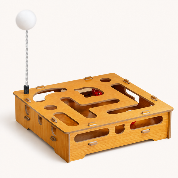 Wooden Cat Maze Puzzle Box with Bell & Wand — clean background product view