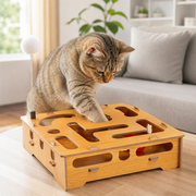 Wooden Cat Maze Puzzle Box with Bell & Wand — cat-friendly home interior