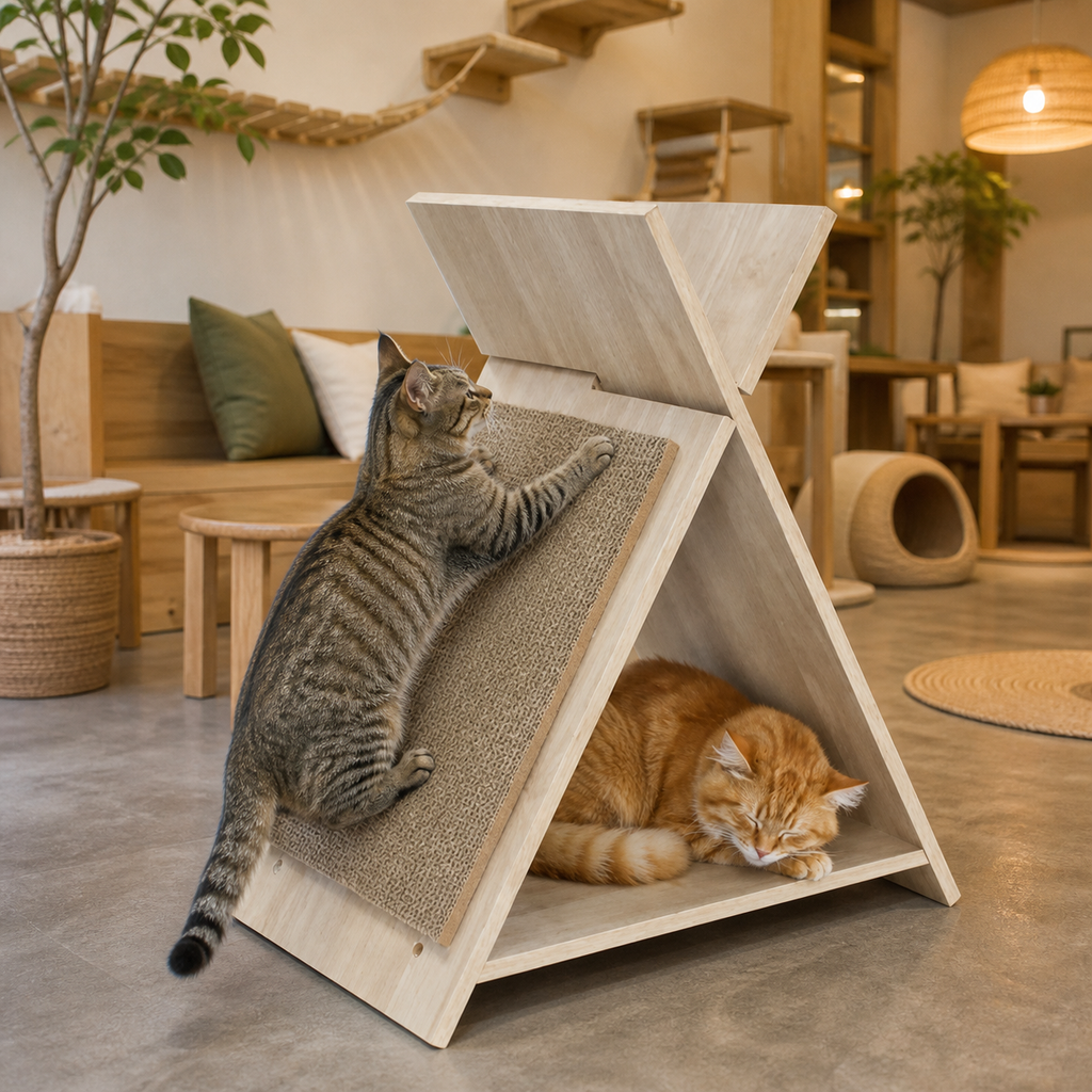 Wooden Cat Scratcher Lounge with Tunnel — cat-friendly home interior