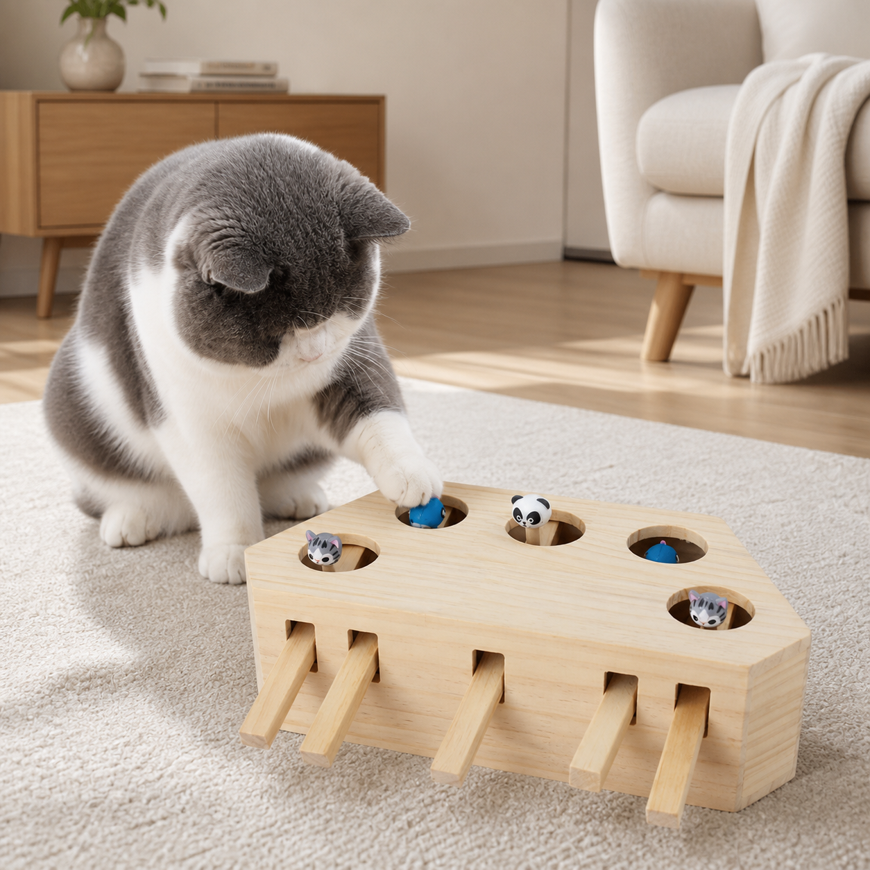 Wooden Five-Hole Whack-a-Mole Cat Puzzle — cat-friendly home interior