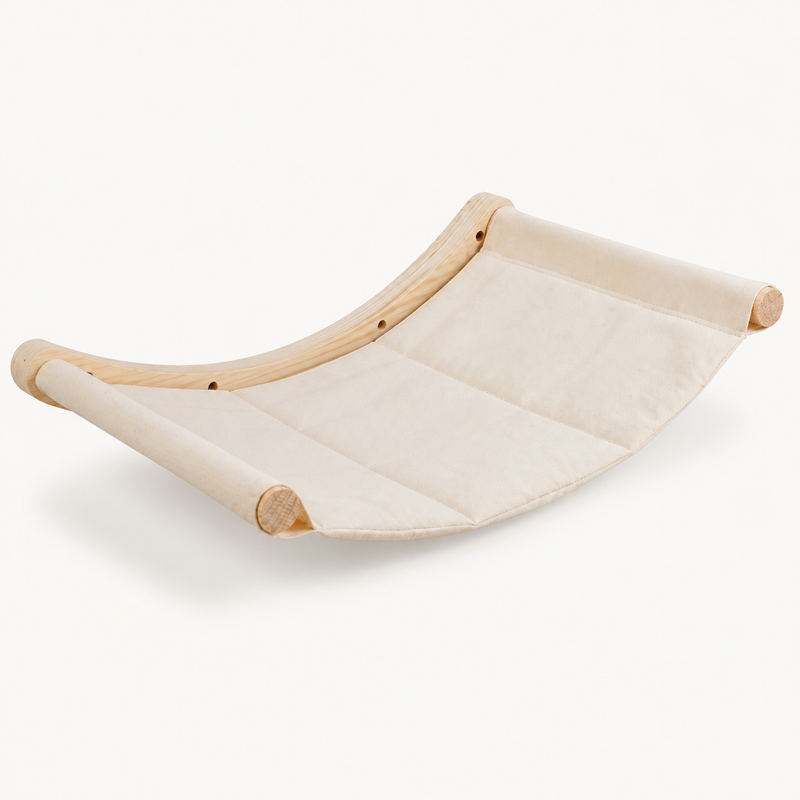 Wooden Wall-Mounted Cat Hammock with Cream Canvas — clean background product view