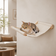 Wooden Wall-Mounted Cat Hammock with Cream Canvas — cat-friendly home interior