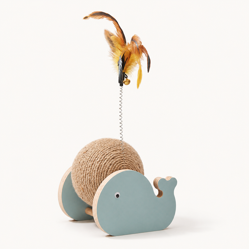 Wooden Whale Cat Puzzle with Sisal Ball — clean background product view